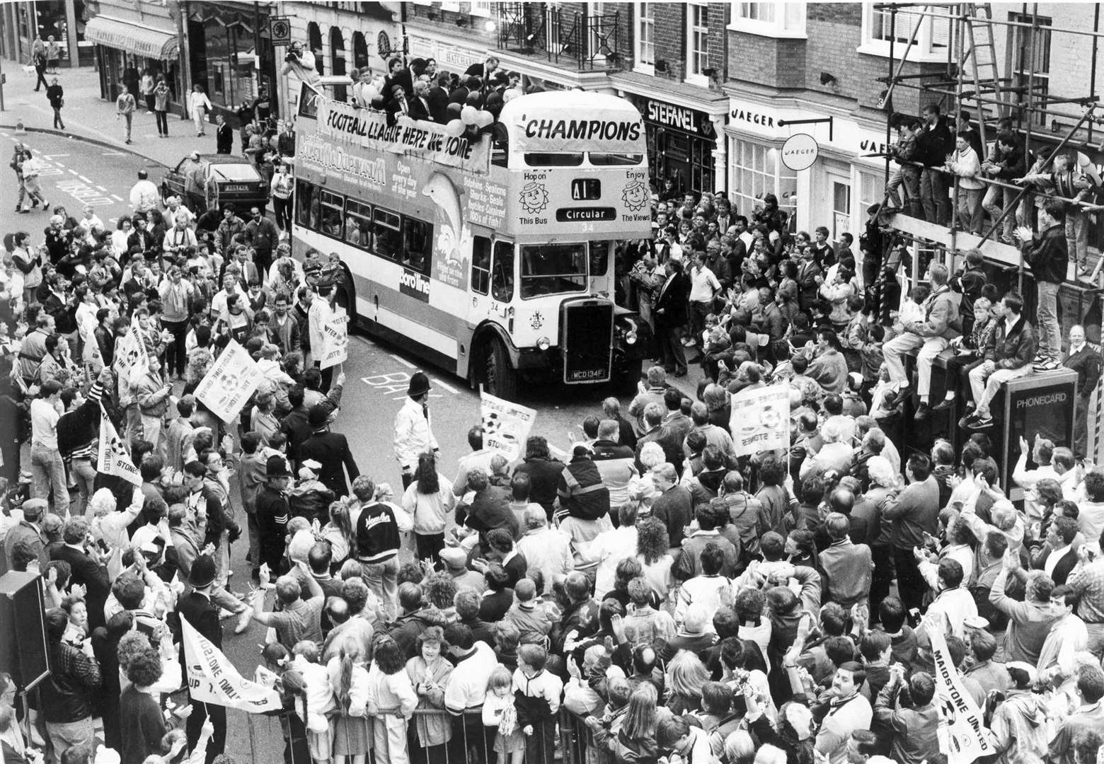 Maidstone celebrate promotion to the Football League in 1989 with an open-top bus parade