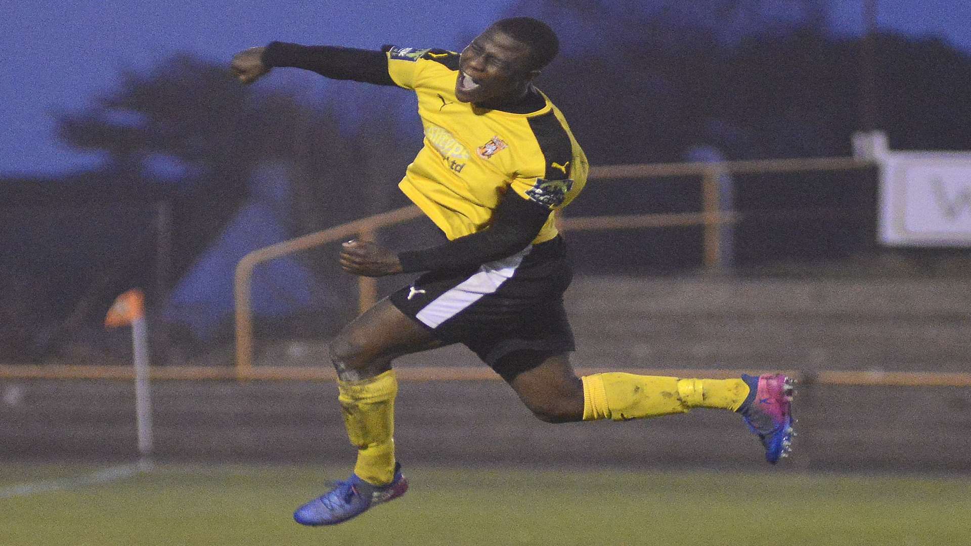 Ade Yusuff celebrates another goal for Folkestone Picture: Paul Amos