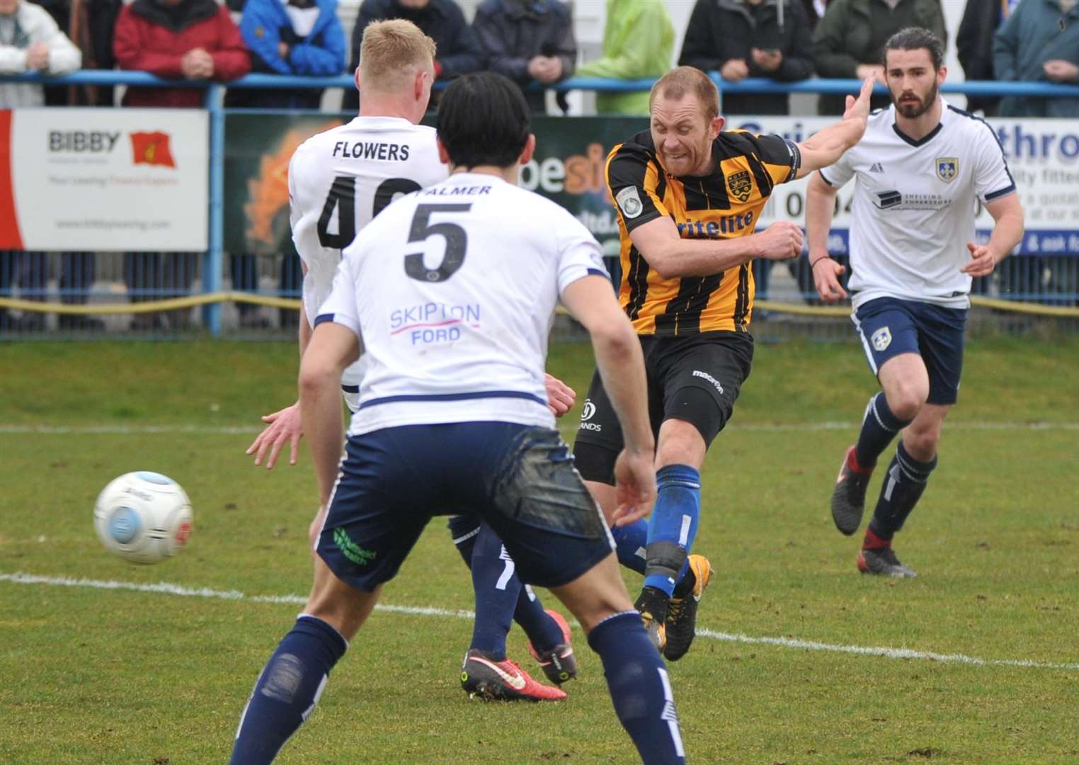 Stuart Lewis goes for goal in Maidstone's draw at Guiseley last weekend Picture: Steve Terrell