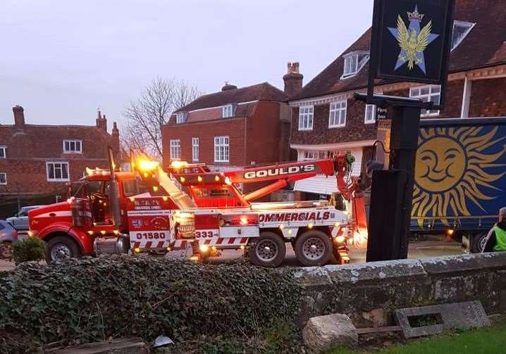 Church Lane in Goudhurst was blocked on Saturday after a lorry got stuck on bollards (8095338)