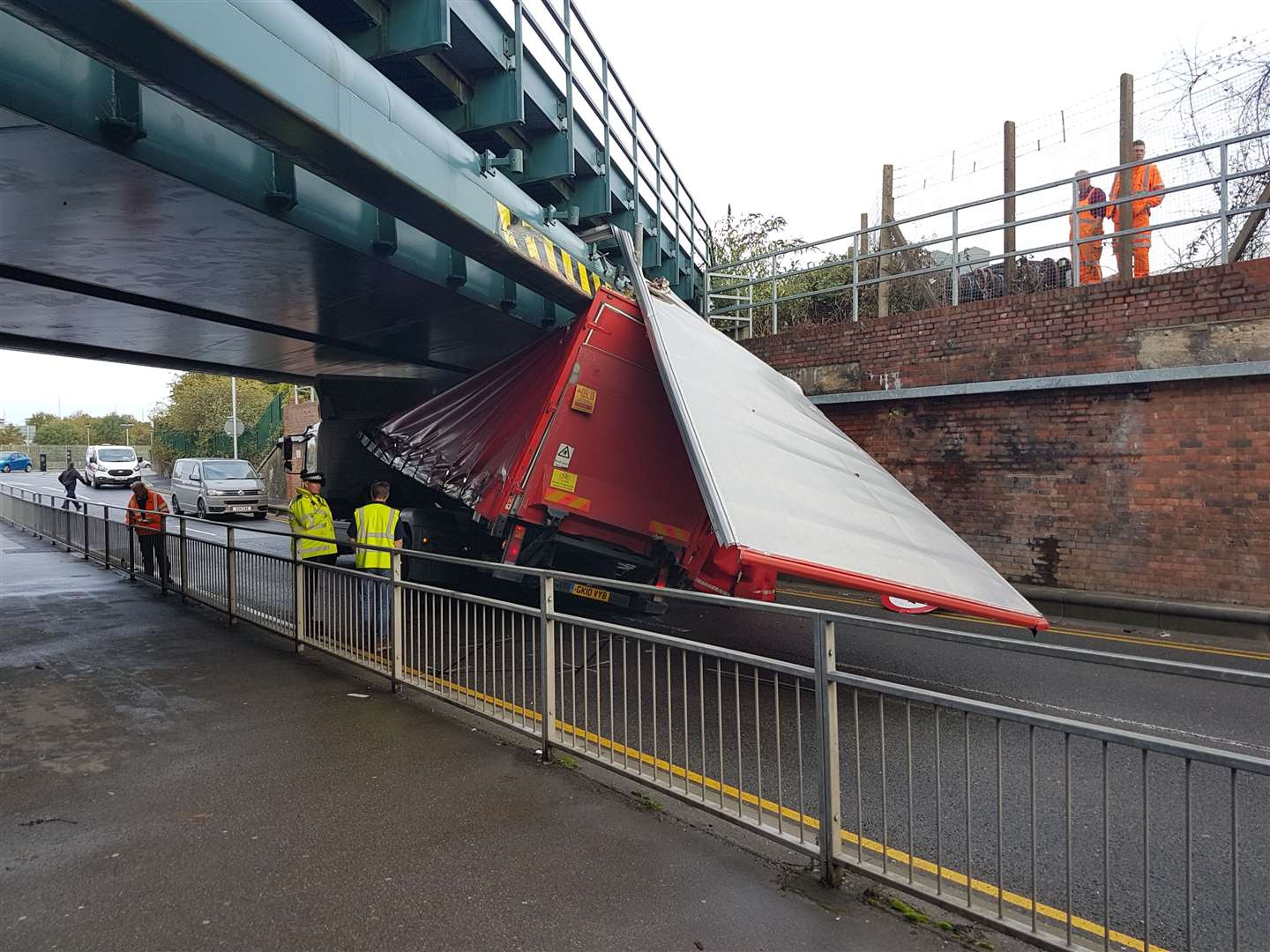 A bridge over Newtown Road - less than 100 metres from the studio's site entrance - caused trouble for this lorry driver in October