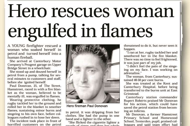 A newspaper cutting from the time Paul rescued a woman engulfed in flames