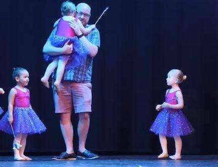 Michael Hicks rushed on stage to help his daughter during a performance at the Hazlitt Theatre. Photo: Diamond 9 Productions