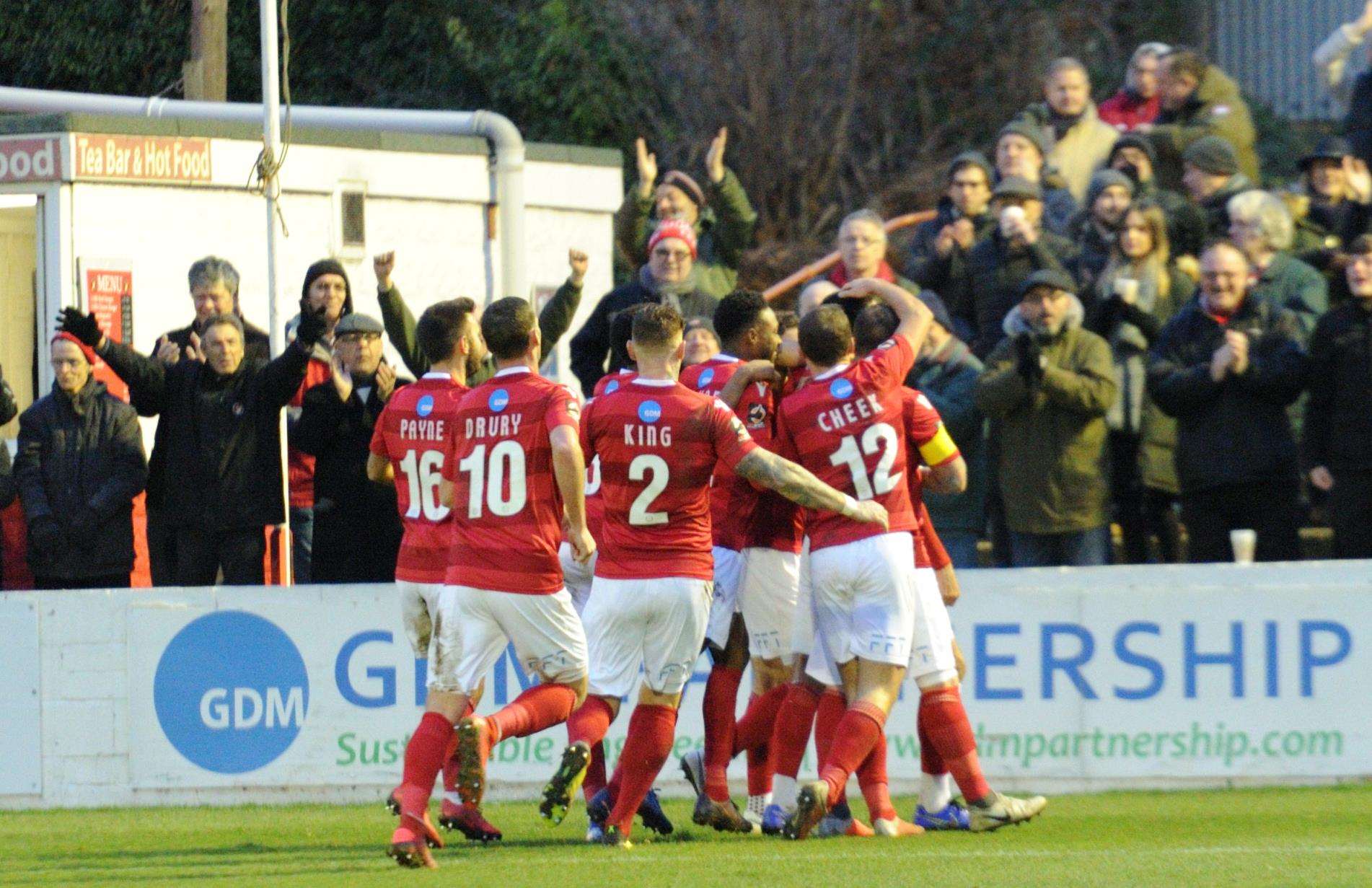 Ebbsfleet celebrate their second goal in the win over Leyton Orient Picture: Simon Hildrew