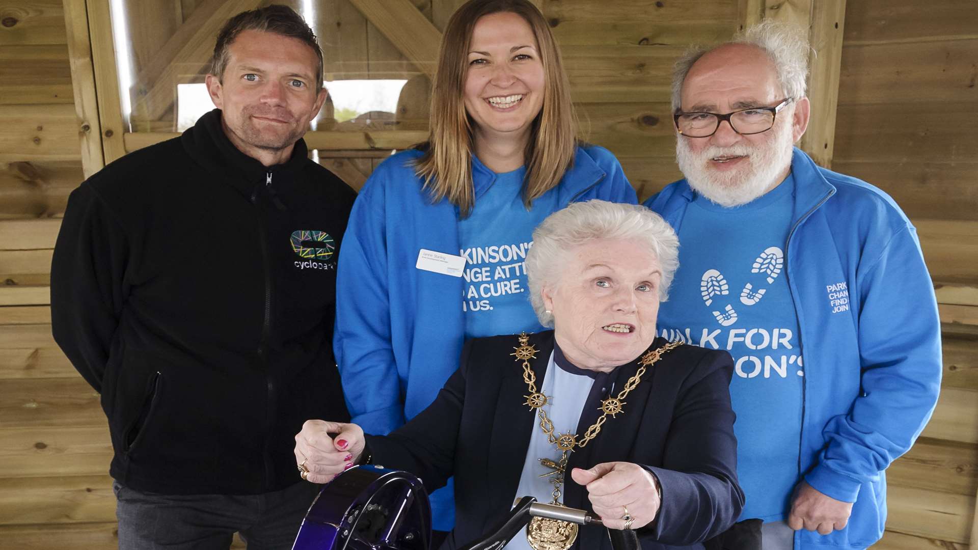From left, the Cyclopark's Alex Flint, Janine Starling, area development manager for Parkinson's UK, and Alan Lander, Gravesend branch coordinator, with Mayor of Gravesham Cllr Greta Goatley. Picture: Andy Payton