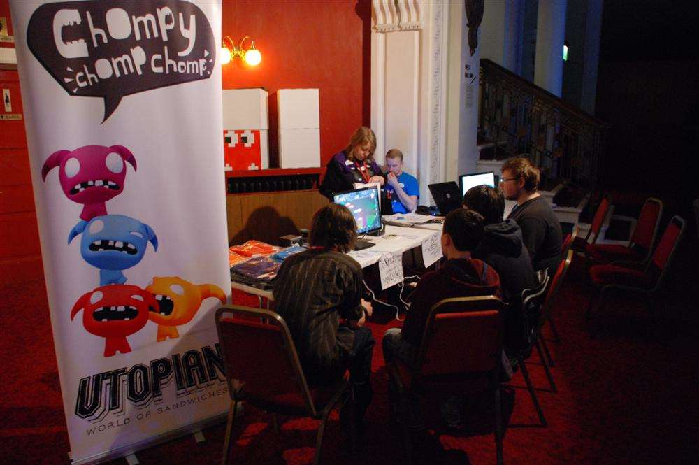 Games developers pictured here at GEEK 2013 are Utopian World Of Sandwiches, with their game Chompy Chomp Chomp.