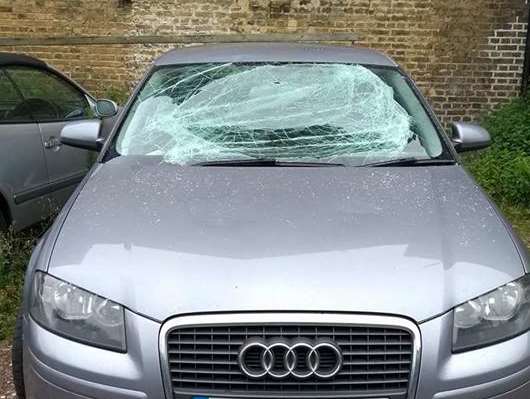 The windscreen of an Audi smashed in Ship Lane, Rochester