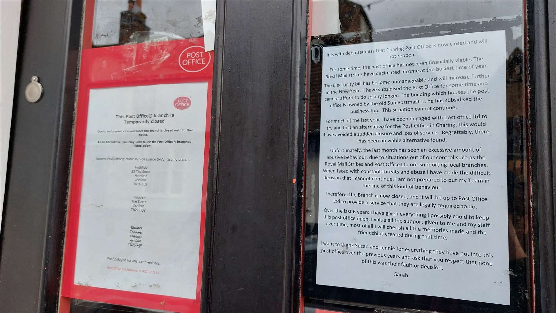 A note appeared in the window explaining the reason for its closure