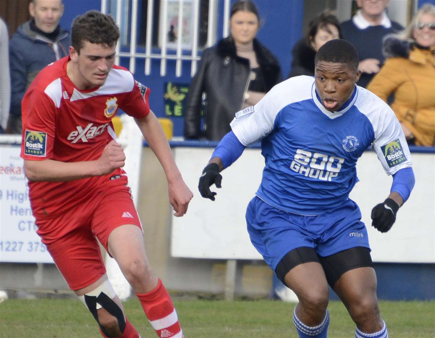 Herne Bay goalscorer Ronald Sobowale, right, in action against Whitstable Picture: Paul Amos
