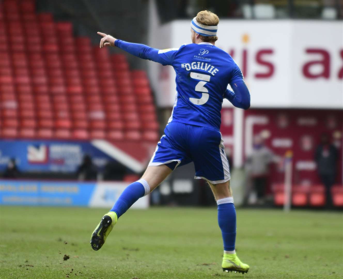 Connor Ogilvie points the way ahead after scoring a stunner at Charlton. Picture: Barry Goodwin. (44403521)