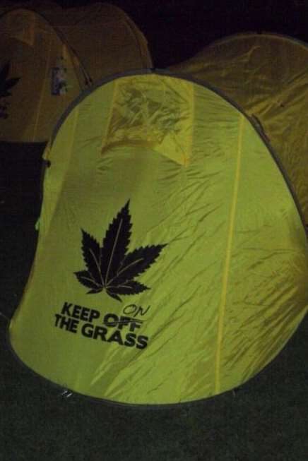 Tents advocating cannabis use at the charity sleep-out in the grounds of Canterbury Cathedral