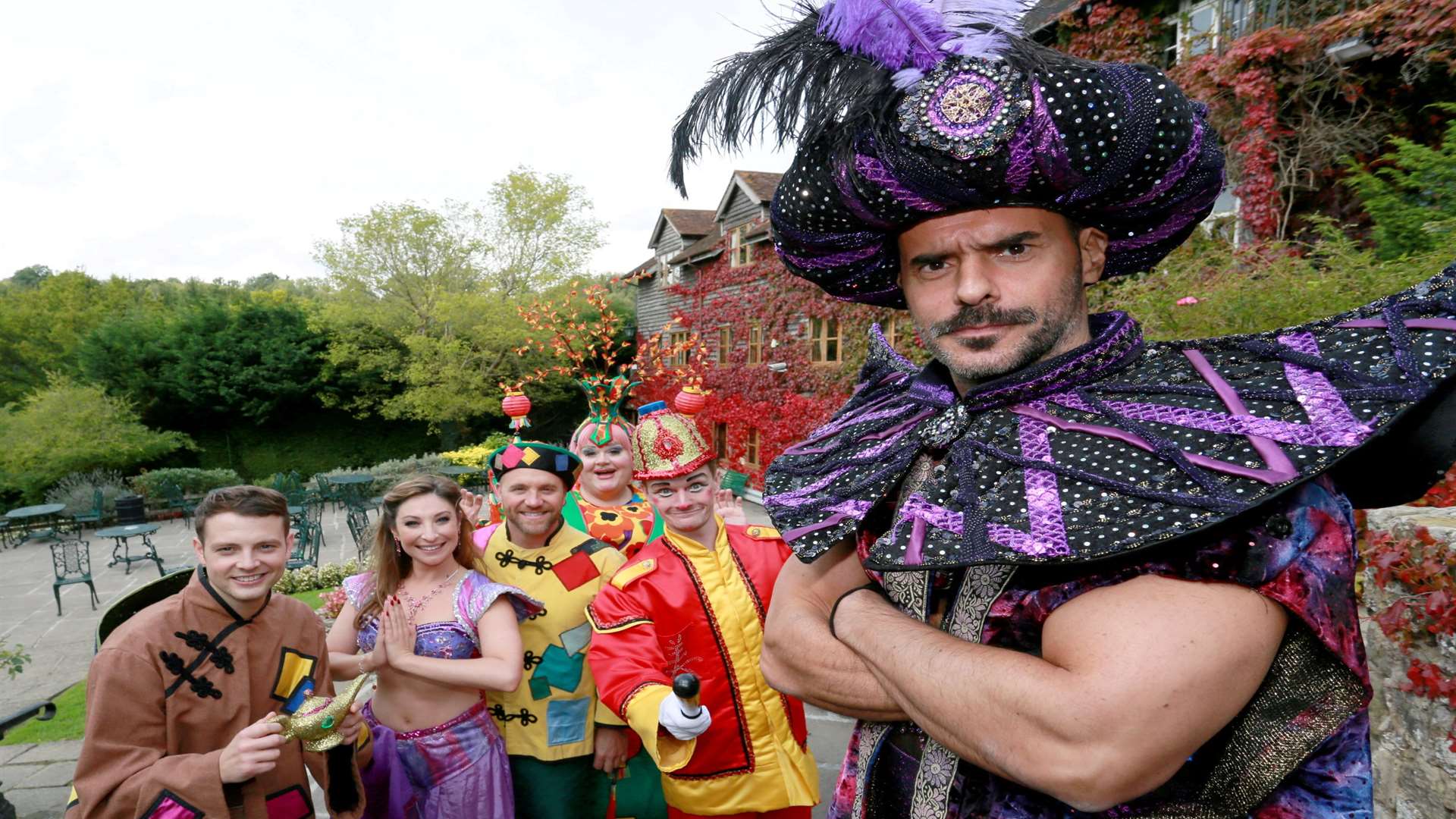 The cast of this year's panto Aladdin at the Assembly Halls in Tunbridge Wells, starring Michael Greco, right