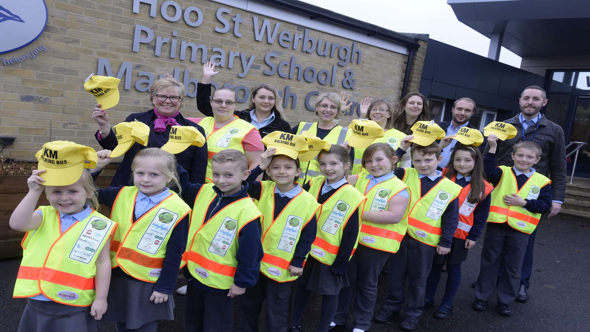 Walking Bus launch Hoo St Werburgh Primary School, Medway with Head of school Tara Deevoy, pupils, parents and supporters Frazer Marshall and Shannon Rivolta of Volker Highways, Specsavers Chatham branch Yve Dixon and James Sutton of Medway Council.