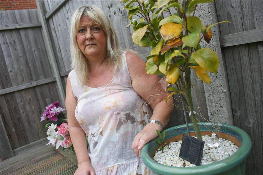 Wendy Norton in her niece Hollie Lane's garden after a model plane crashed into it.