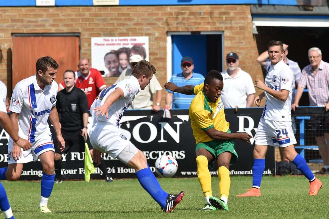 Gillingham battle for possession against Welling on Saturday. Picture: Barry Goodwin