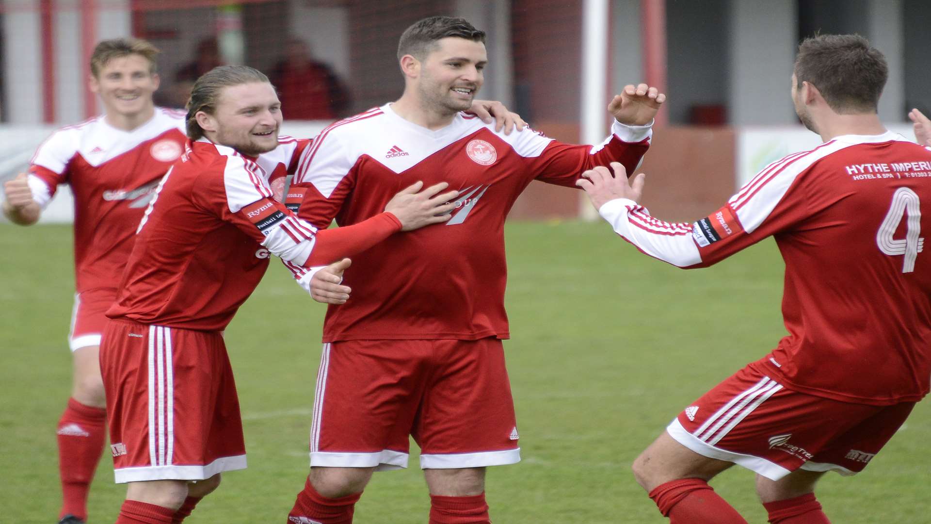 Hythe celebrate one of their three goals in the win over Chipstead Picture: Paul Amos