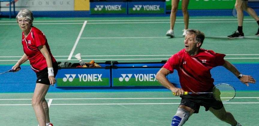 Jim Garrett on his way to mixed doubles gold with Gravesend’s Mary Jenner at the Masters Senior World Badminton Championships in South Korea. Picture: Badminton England