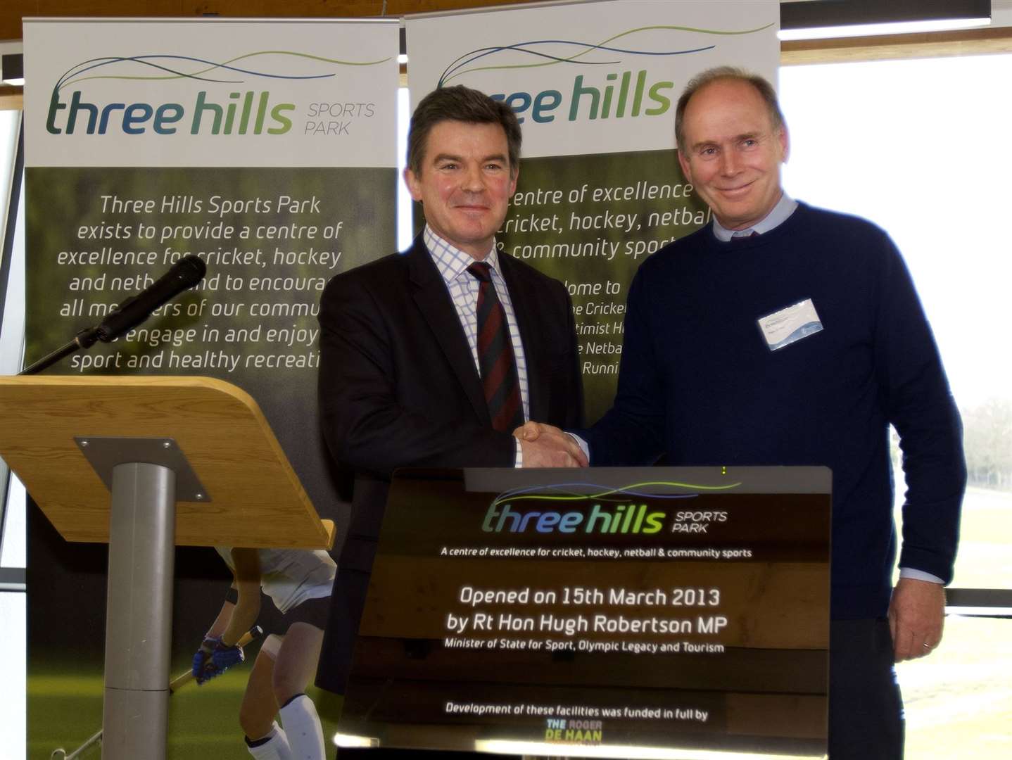 Sir Roger, right, at the opening of Three Hills Sports Park with sports minister Hugh Robertson. Picture: Peter Bettley