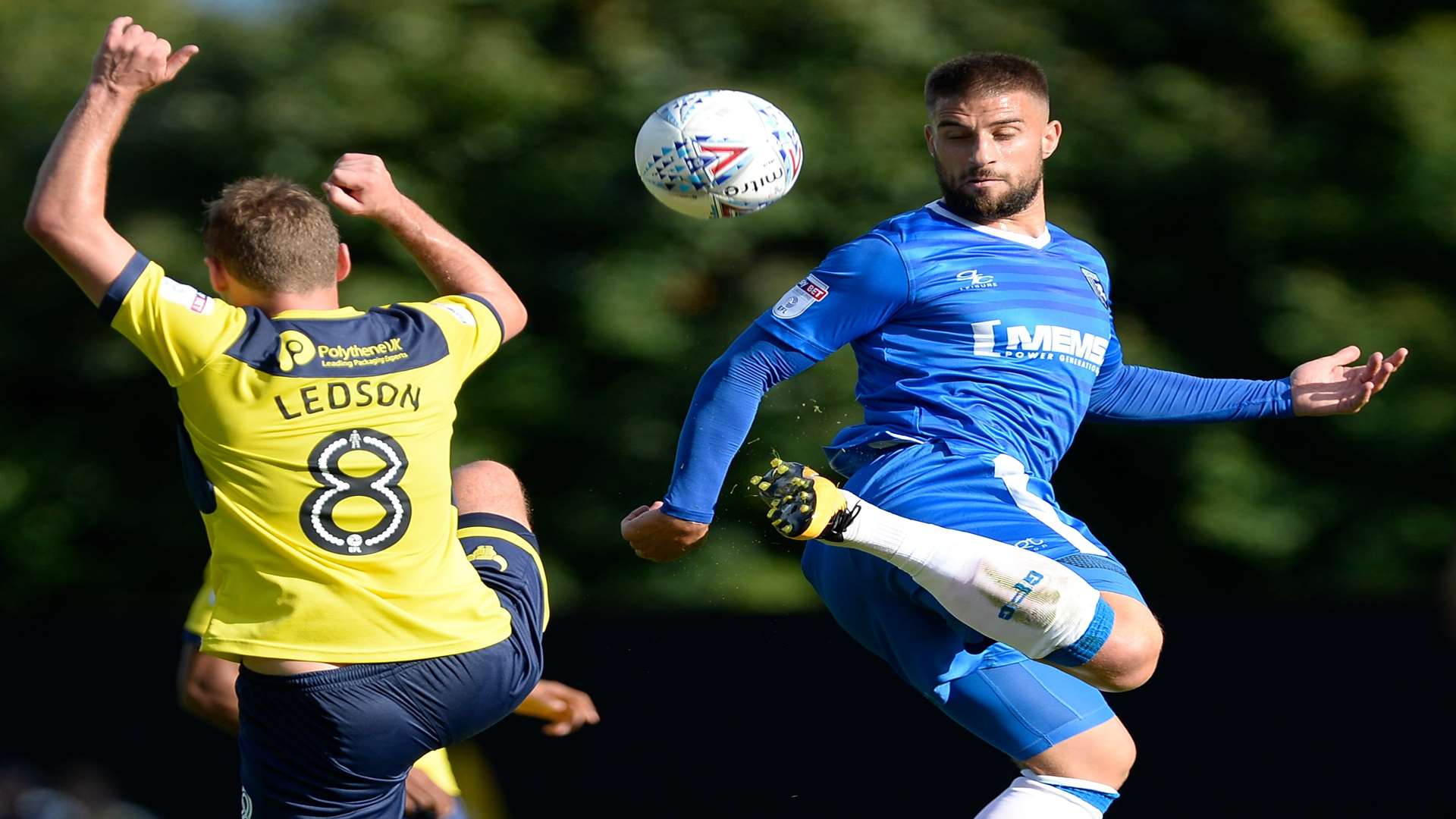 Gillingham’s Max Ehmer shows a deft touch in front of Oxford’s Ryan Ledson. Picture: Ady Kerry