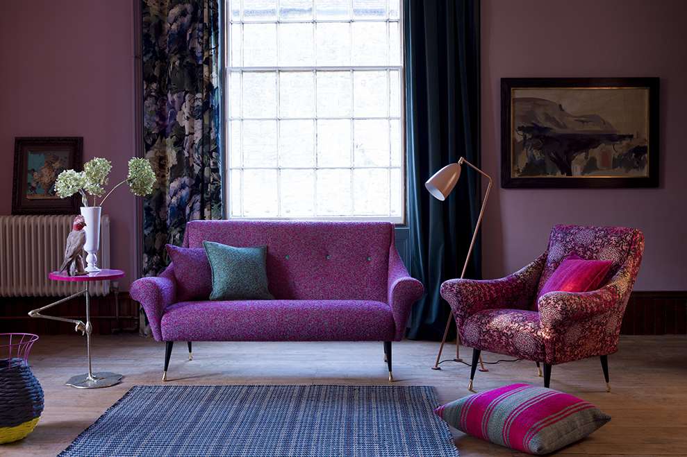 The Tango Sofa: In Aurora Fuchsia with Aurora Fuchsia and Aurora Teal Scatter Cushions, Tango Chair in Butterfly Wheel Berry with Estelle Fuchsia Scatter Cushion