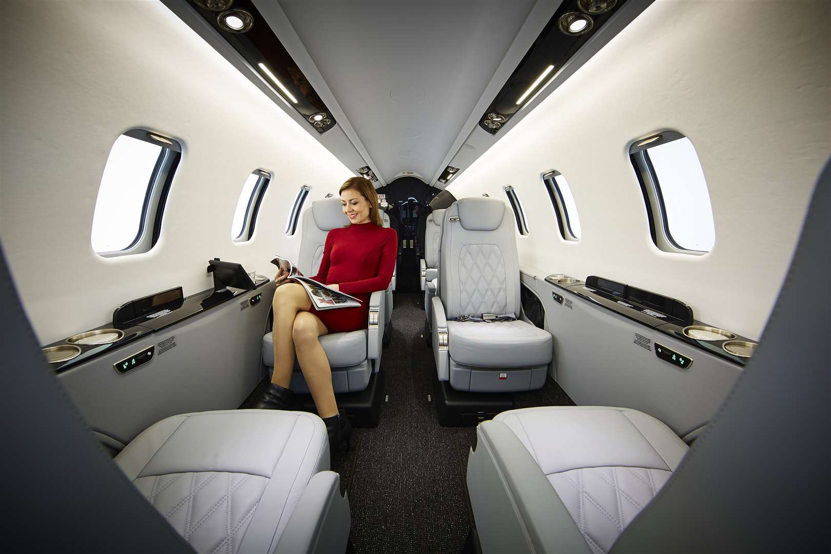 The Learjet 75 has eight seats, wifi, touch screen displays, Blu-ray DVD player and a SAT phone