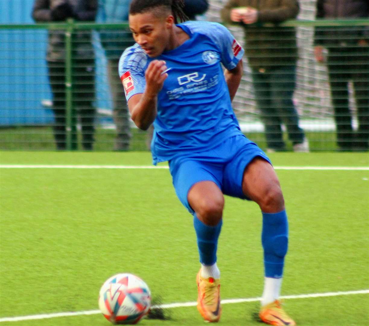 Mason Saunders-Henry on the ball for Herne Bay in their weekend 3-1 win over Bowers & Pitsea in Isthmian Premier. Picture: Keith Davy