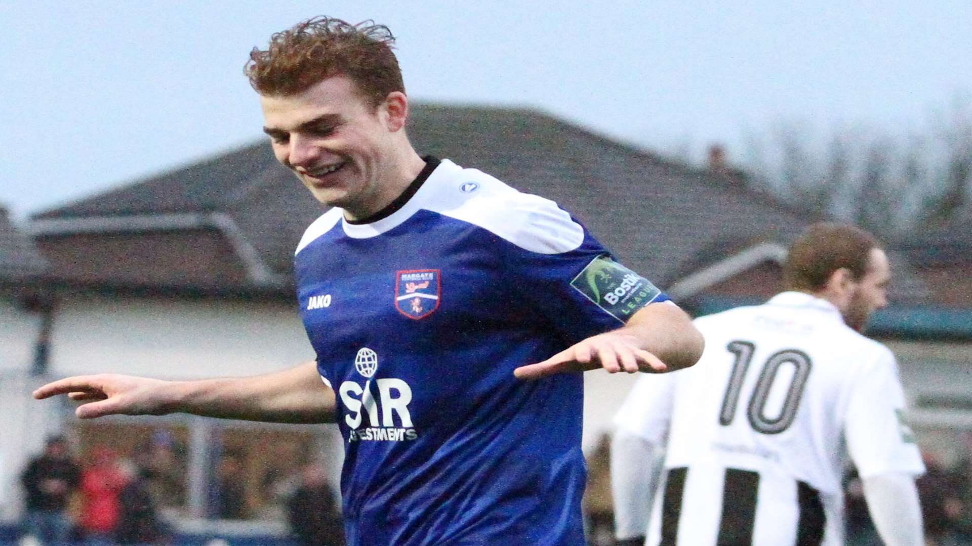 Sam Blackman celebrates his goal against Tooting Picture: Don Walker