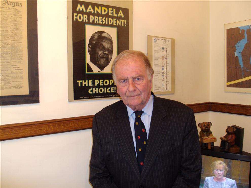 Thanet North MP Sir Roger Gale with the Nelson Mandela election poster which has dominated his office after he brought it home from South Africa in 1994 where he had gone as an independent observer of the elections which saw Mandela elected as President.