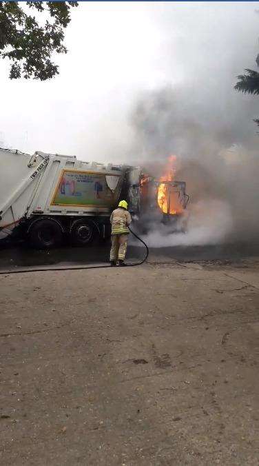 Fire crews battled the burning bin lorry. Picture: Steve Morgan (5119999)