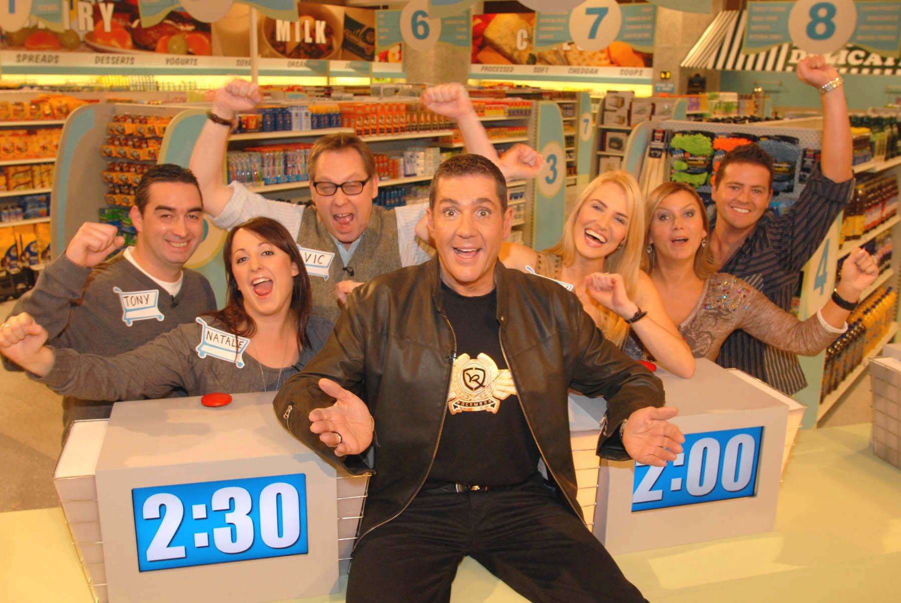 Dale Winton presents an episode of Supermarket Sweep at the Maidstone Studios featuring Vic Reeves, to his left, and Nancy Sorrell, to his right. Picture: ITV