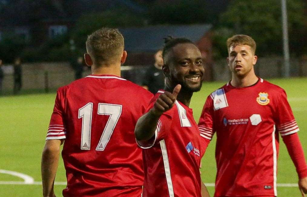 Whitstable striker Steadman Callender gives the thumbs up towards the end of their friendly against Erith & Belvedere. Picture: Les Biggs