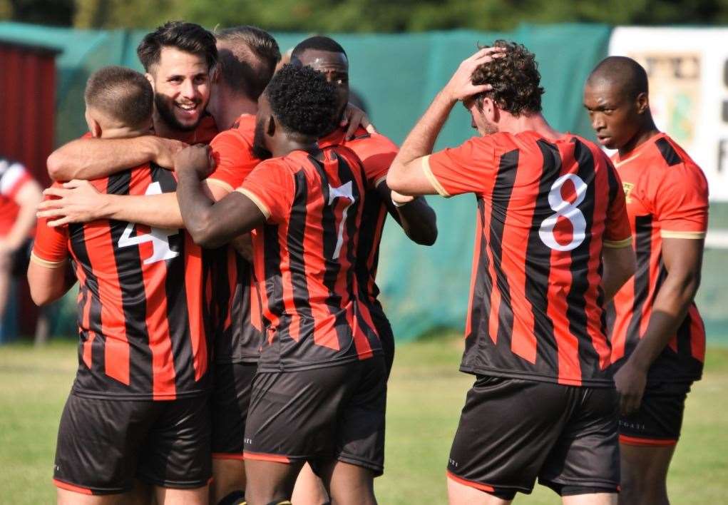 Sittingbourne celebrate against Whitstable on Saturday. Picture: Ken Medwyn (42331824)