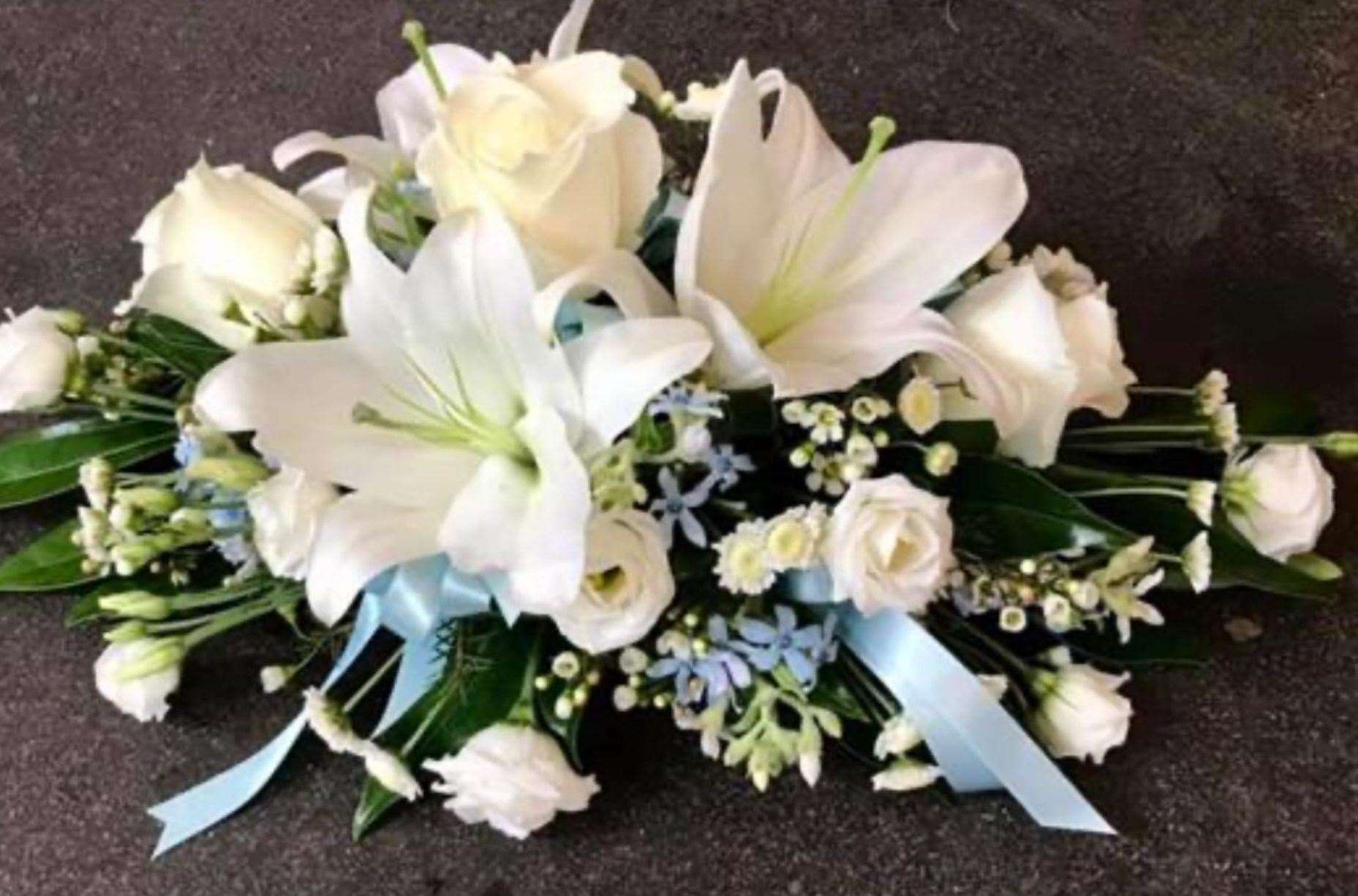 The funeral flowers for Jill Skinner's stillborn boy after her crippling endometriosis masked her pregnancy symptoms. Picture: Jill-Anne Skinner