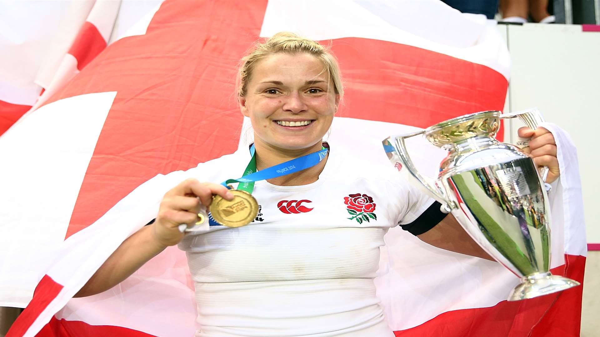 Rachael Burford with the World Cup after England's win over Canada Picture: Jordan Mansfield/Getty Images