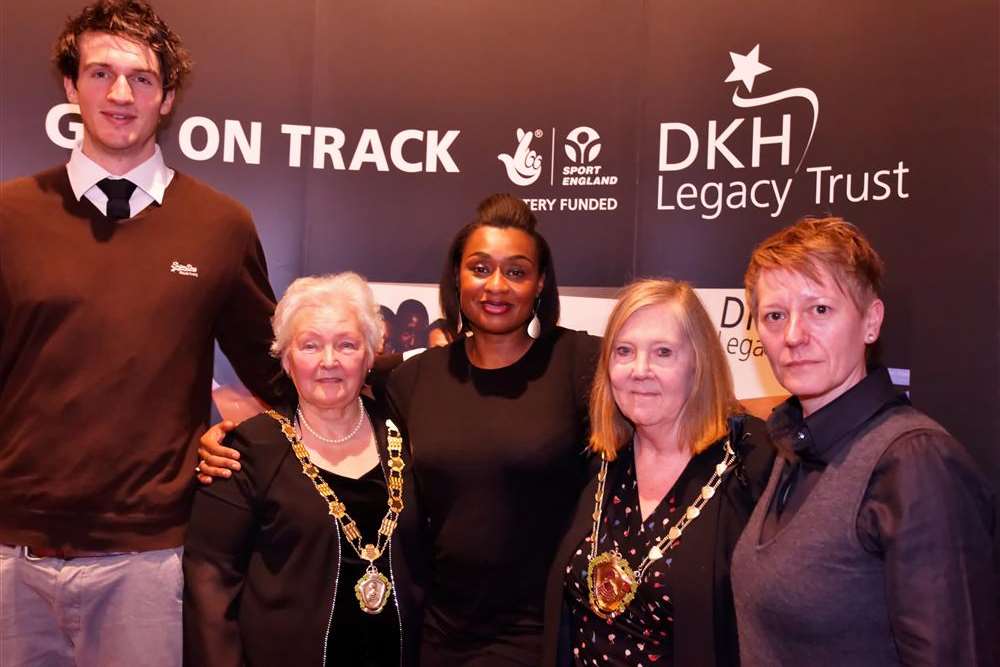 International volleyball player Chris Gregory, Thanet councillor Pat Moore (chairman's escort), Commonwealth Games triple-jumper Michelle Griffith-Robinson, Thanet District Council chairman Cllr Kay Dark and programme co-ordinator Clare Maclean-Bell at the presentation to young people who have completed Dame Kelly Holmes Get On Track programme.