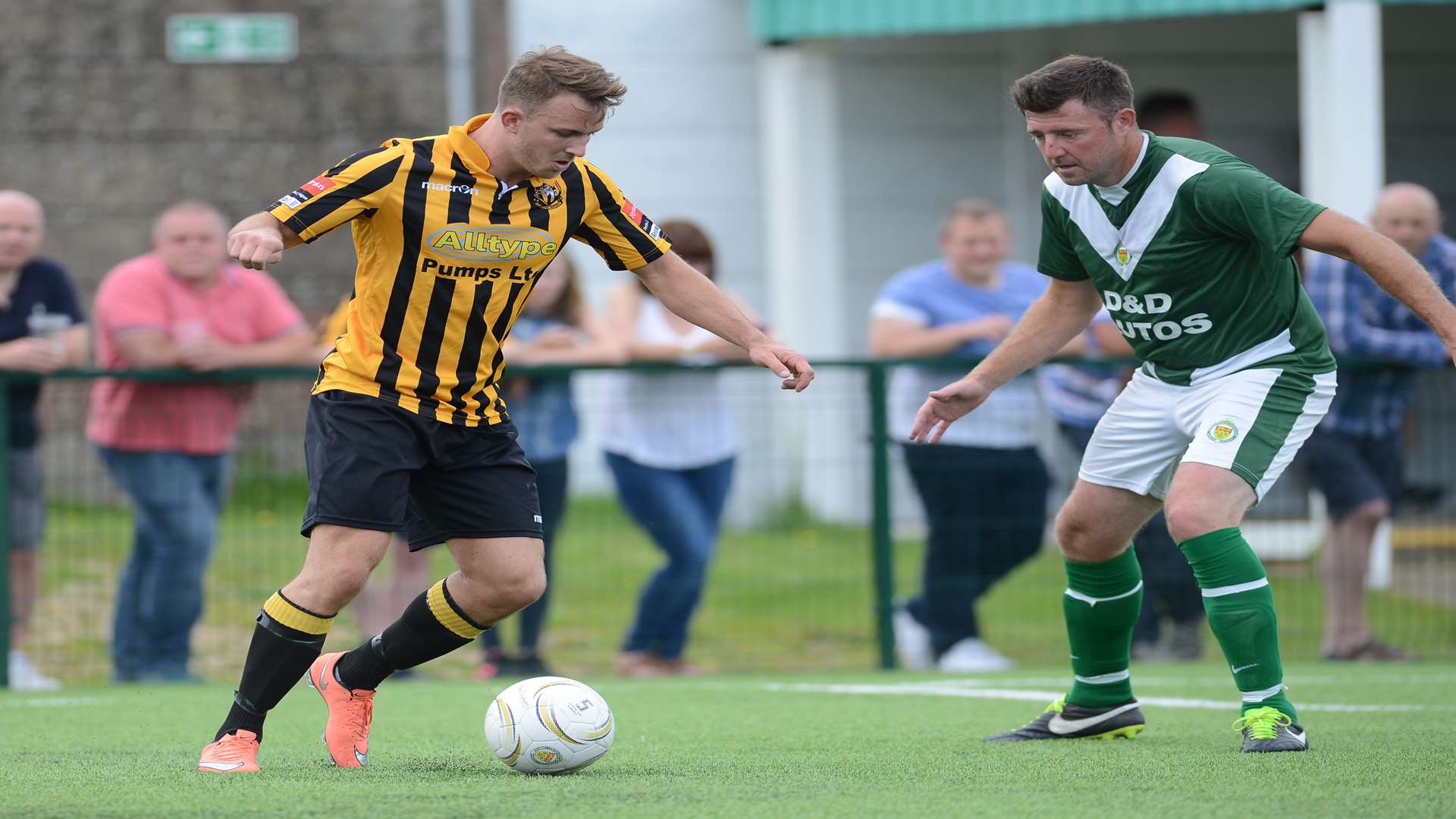 Jon Pilbeam on the ball for Folkestone during their friendly at Ashford Picture: Gary Browne