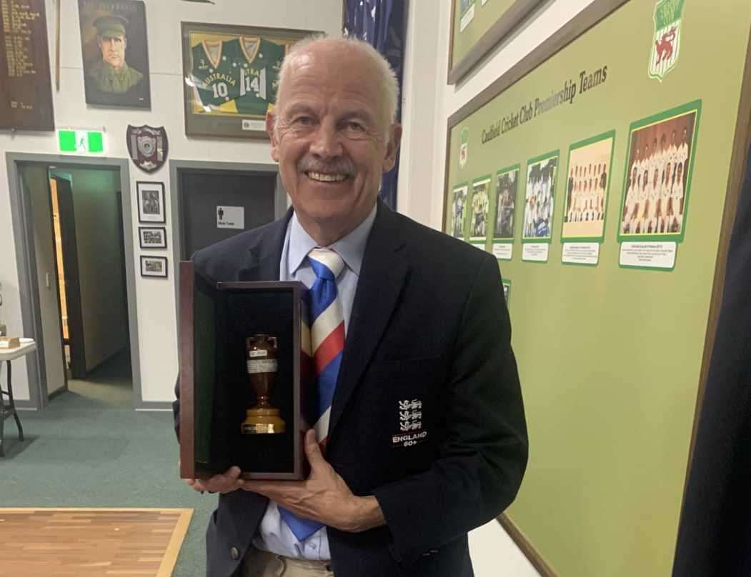 Derek Towe with the “Silver Ashes” which are now back in England’s possession