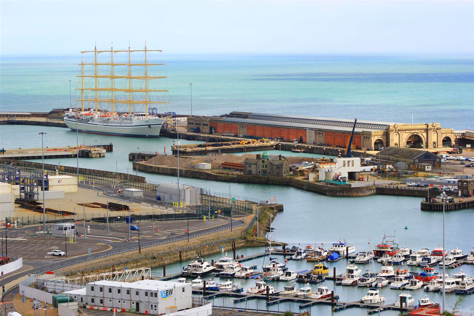 The Golden Horizon towering above all the other boats in Dover's harbour