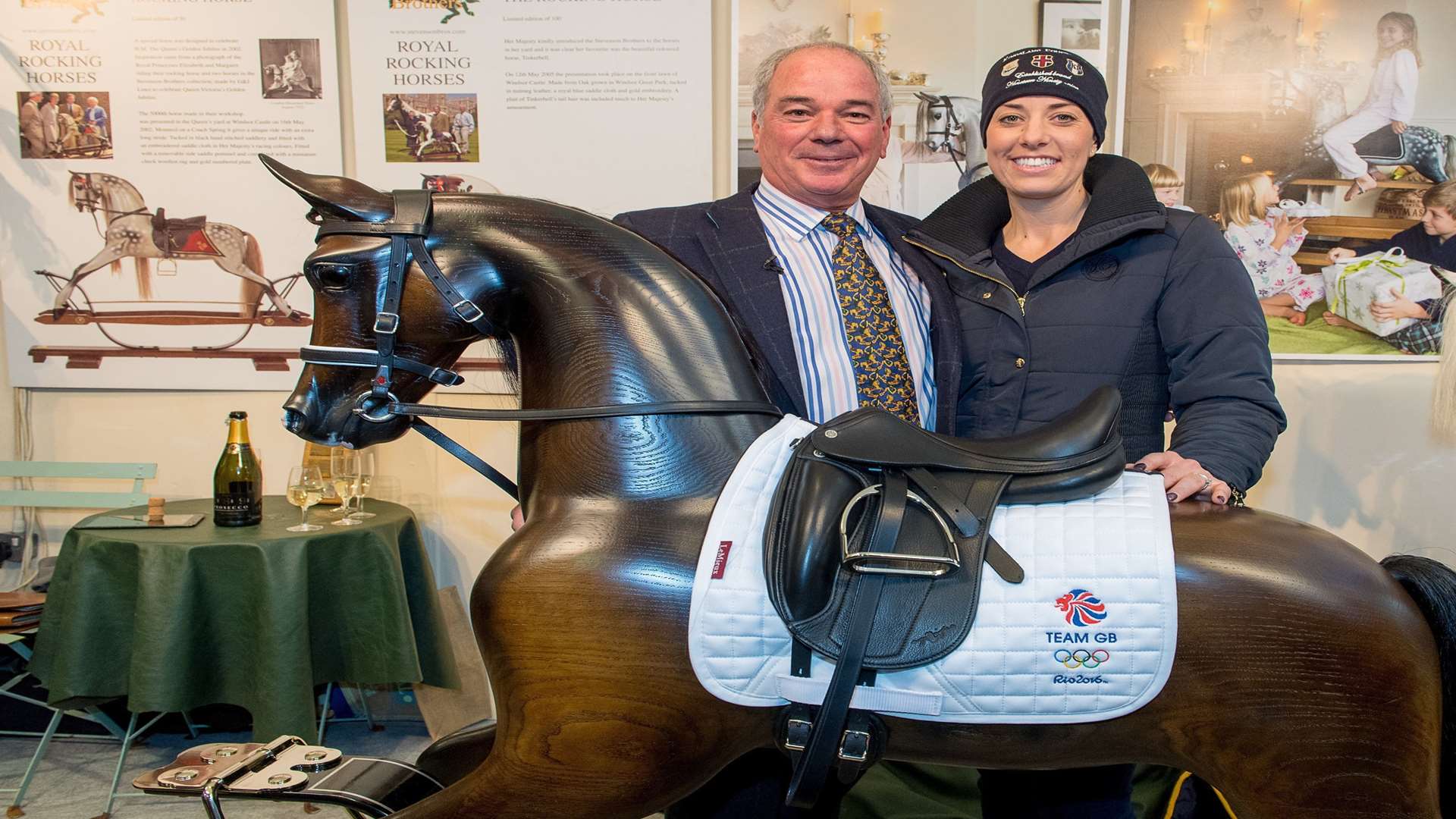 Olympic dressage rider Charlotte Dujardin and Marc Stevenson with the rocking horse