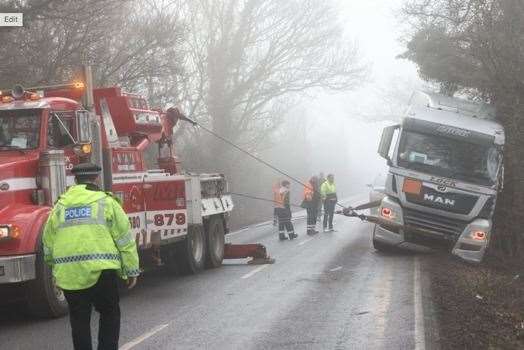 The main road into Headcorn has been blocked after a lorry came off the road due to the fog. Picture: UKNIP