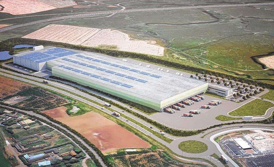 An artist's impression of the 14-acre Aldi distribution centre at Neats Court, Queenborough – the new store could be built on the land in the foreground on the opposite side of the A249