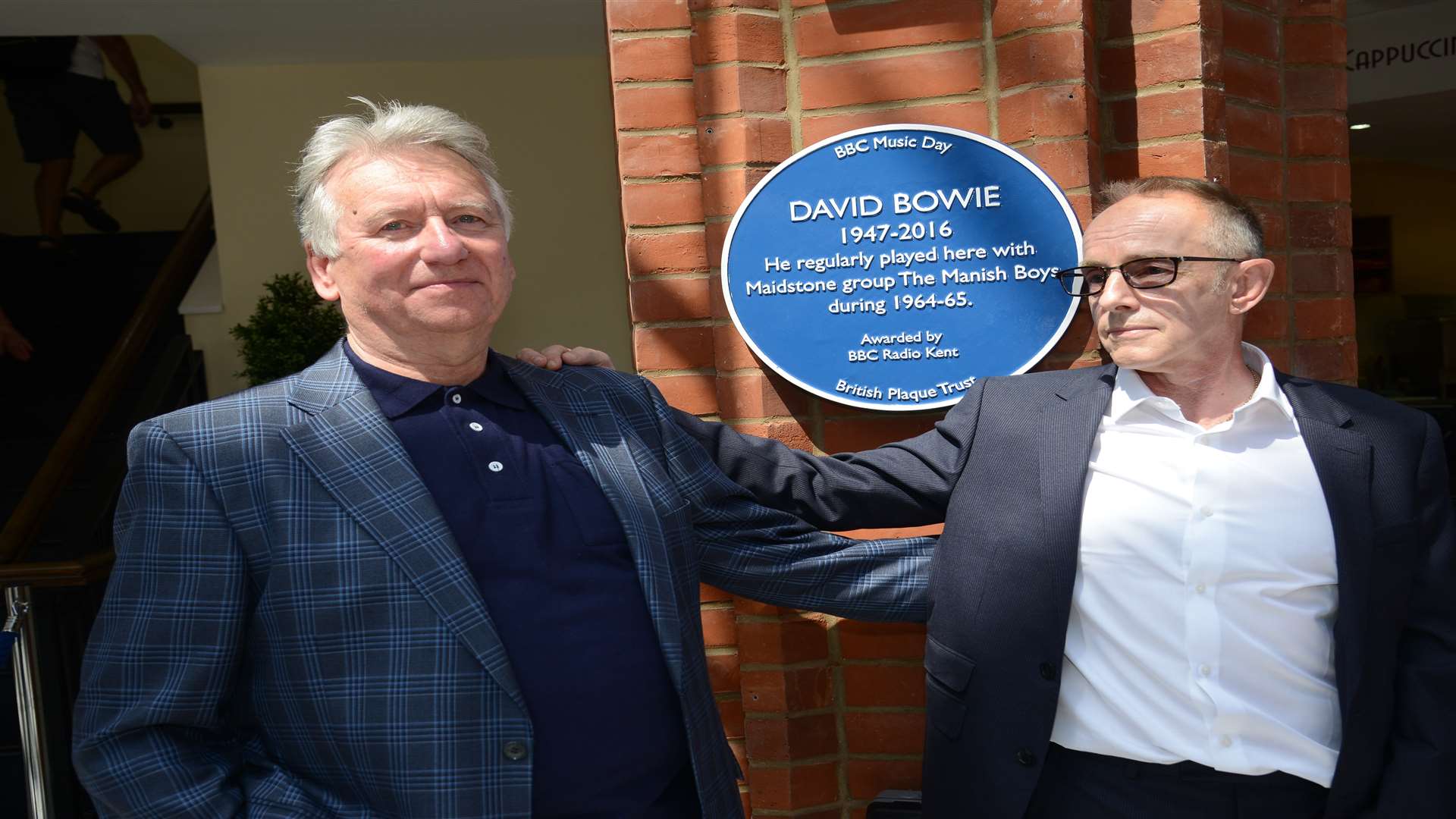 Bob Solly and Topper Headon, former drummer with The Clash, unveiling of the blue plaque to David Bowie who played with the Manish Boys at the Royal Star Hotel in Maidstone.