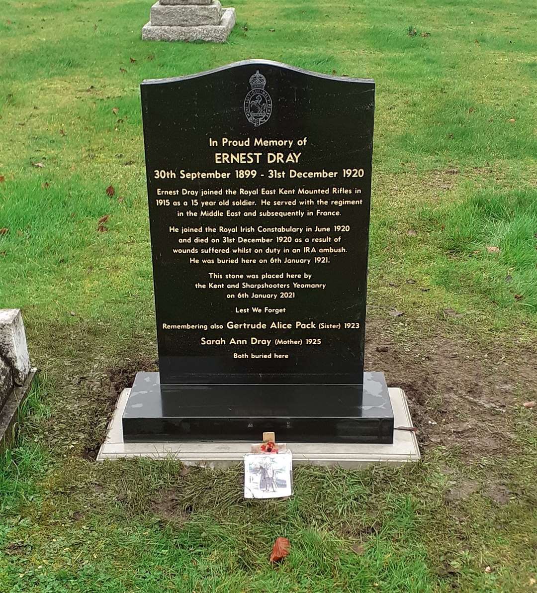 Ernest Dray, a boy soldier from Gillingham, who signed up under age to fight in the First World War has been remembered as his grave is rededicated at Woodlands cemetery in Gillingham. Picture: Kent and Sharpshooters Yeomanry Association