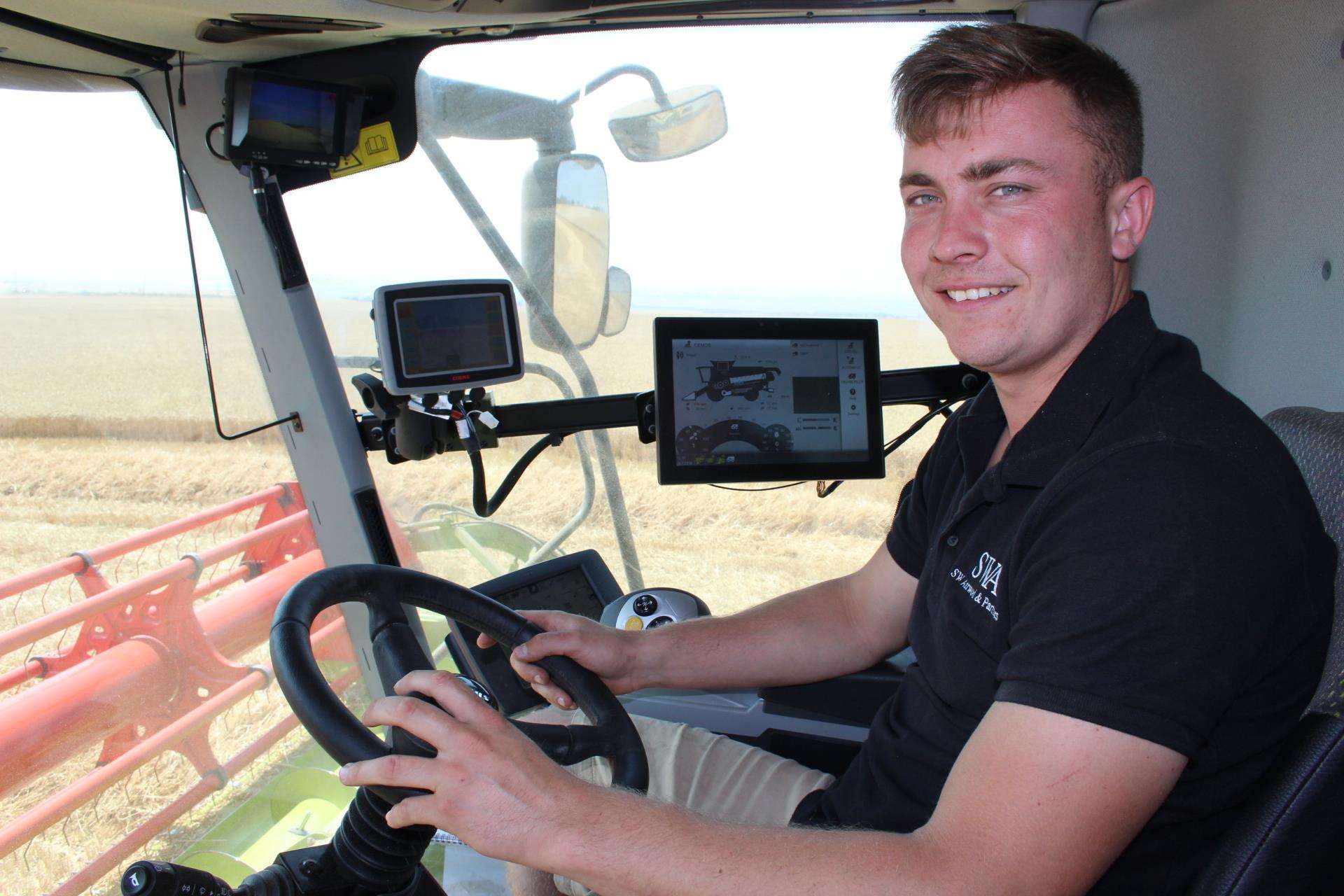 Harvesting time on the Isle of Sheppey with farmer James Attwood of SW Attwood and Partners in the cab of his state-of-the-art £400,000 combine harvester (3297695)