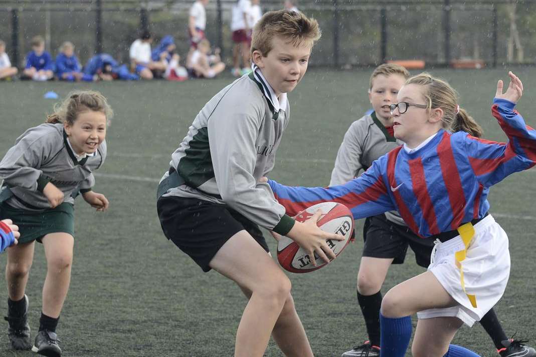 Action from the Elliott Park v West Minster match at the Sheppey primary schools tag rugby tournament held at the Oasis Academy