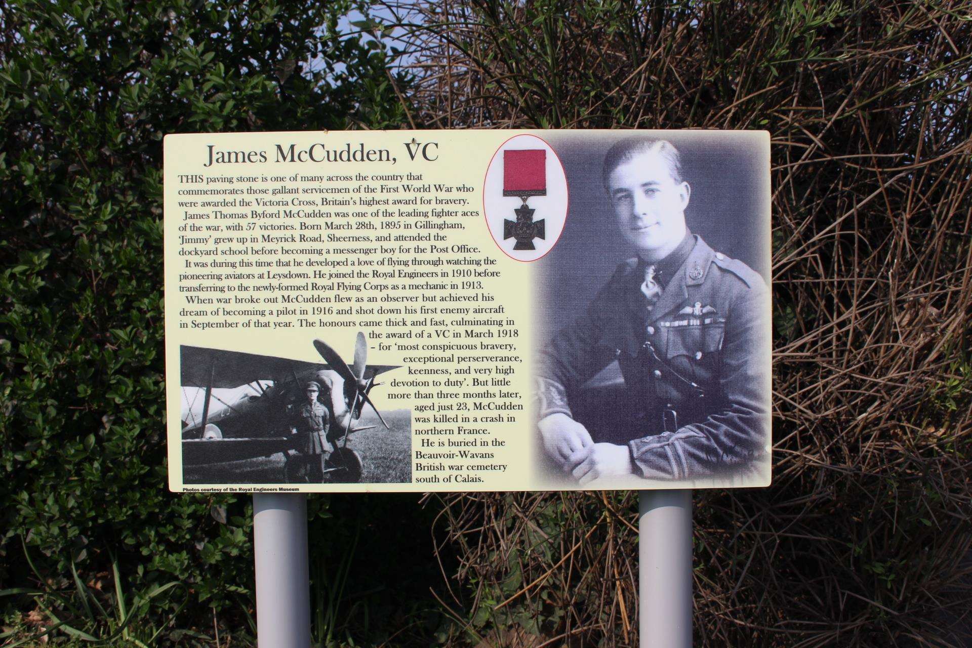 Information about Capt James McCudden VC paving stone at Sheerness War Memorial