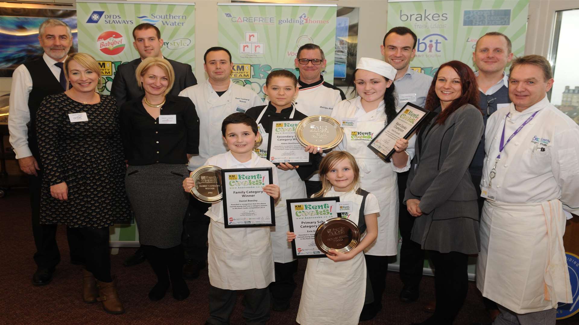 Kent Cooks 2014 winners celebrate with the event's partners which include Licensing Consultancy Services, VooServers, Golding Homes, Kent Cookery School, DFDS Seaways, Orbit South, East Kent College, Countrystyle, Mini Babybel, Brakes, Carefree Communication and Three R's Teacher Recruitment