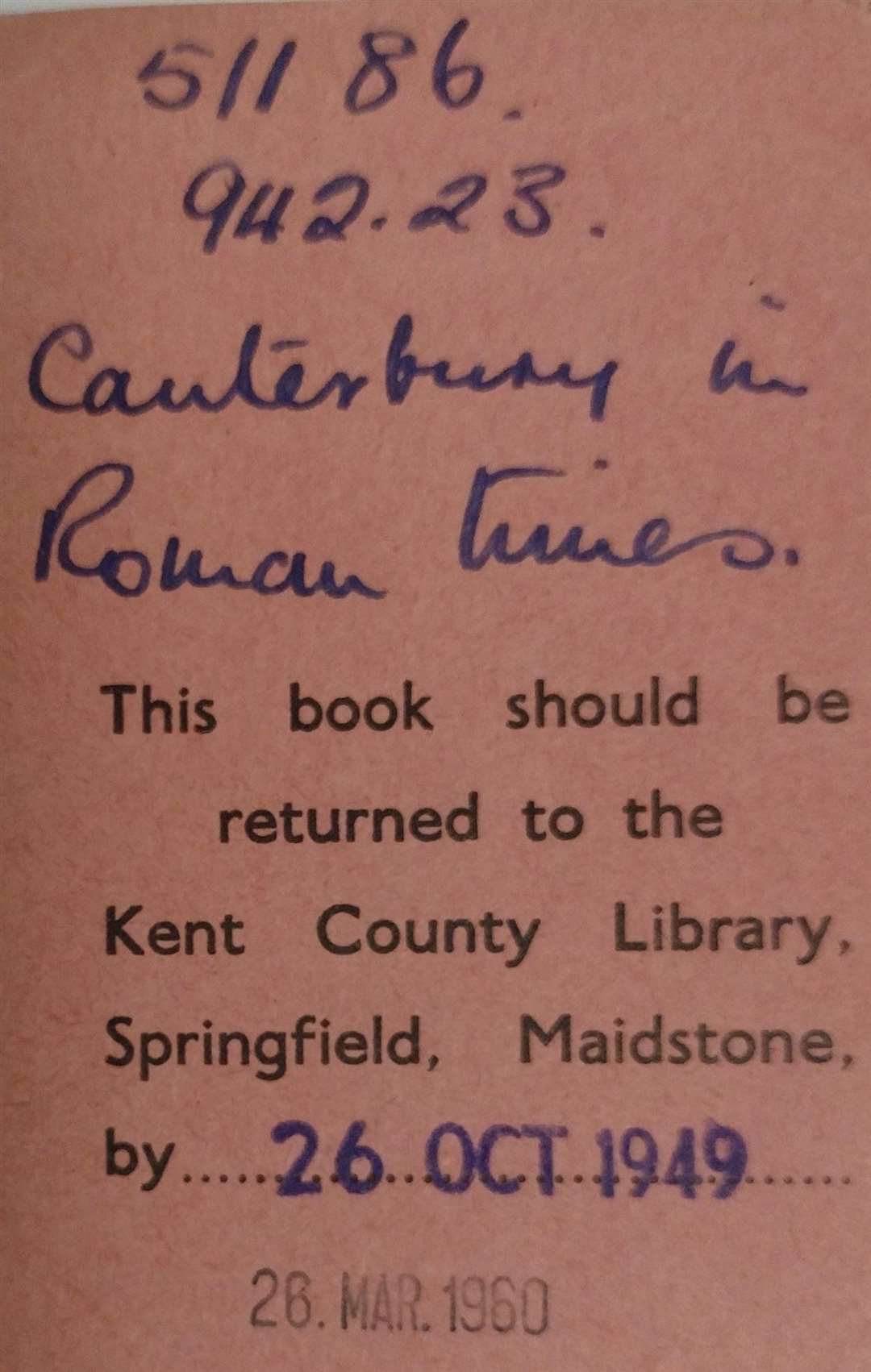 A library ticket recording that "Canterbury in Roman Times" was due to be returned on October 26, 1948