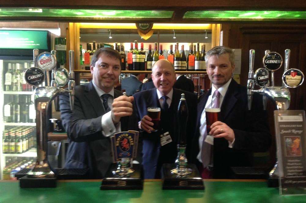 Gareth Johnson, John Millis and his son Darren at the Strangers bar in the Houses of Parliament.