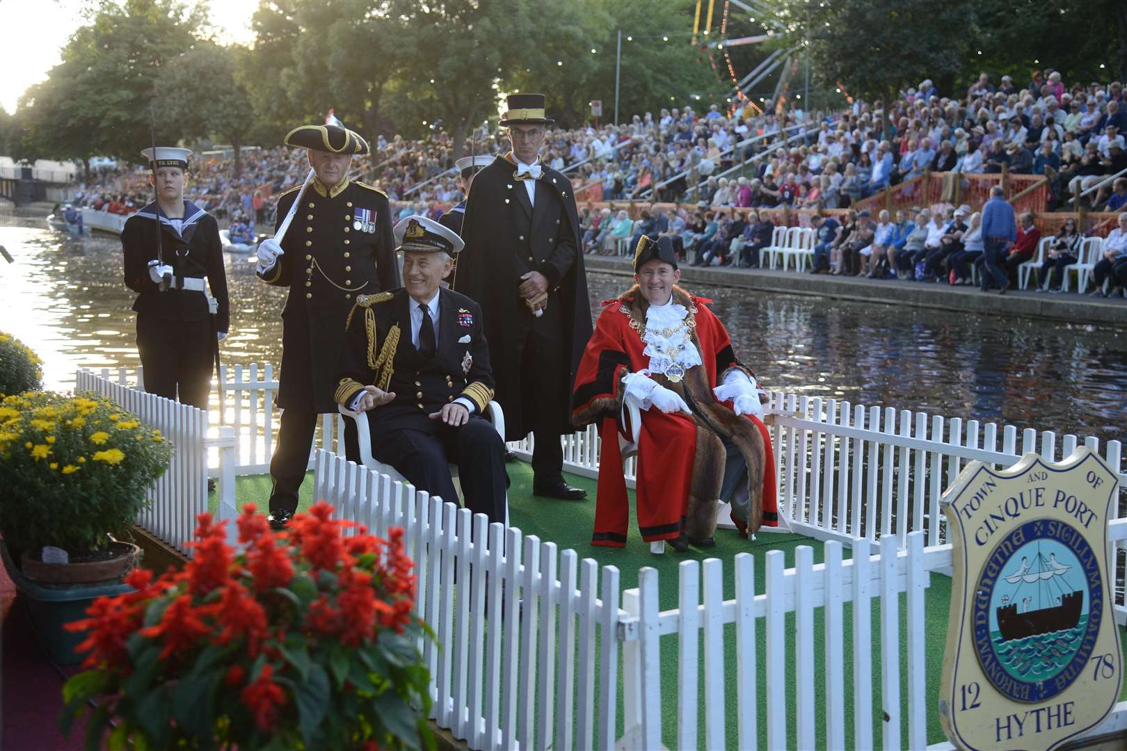 Mayor of Hythe Paul Peacock and Admiral Lord Boyce on the Cinque Ports float2017 Hythe Venetian FeteRoyal Military CanalPicture: Gary Browne FM4887960 (1566396)